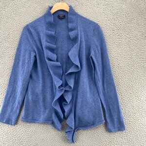 Talbots Sweater Womens Large Blue Pure Italian Merino Wool Knit Ruffle Cardigan